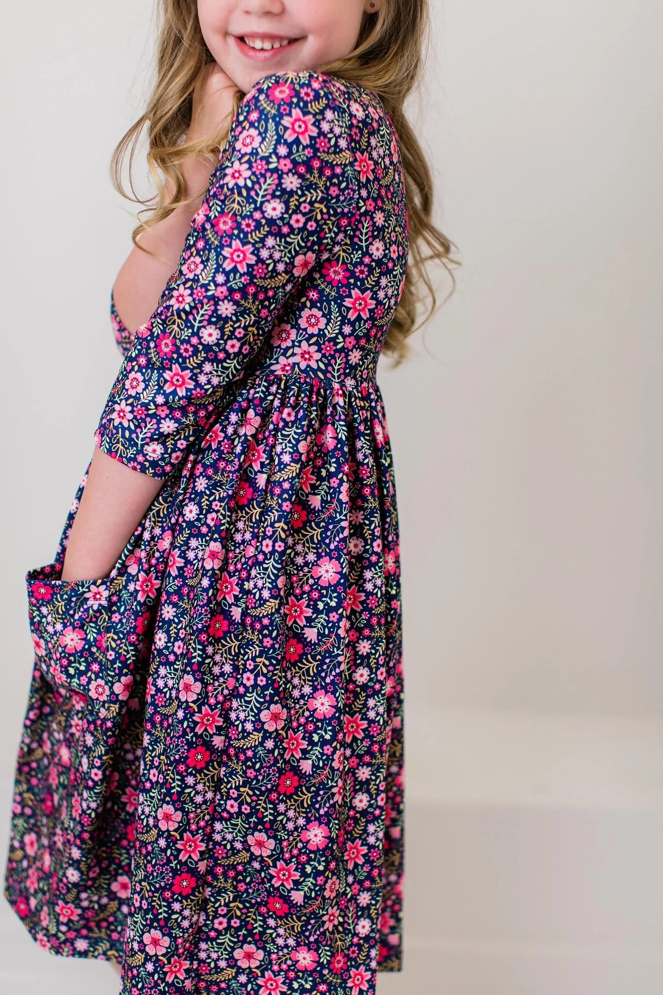 FLOWER FARM 3/4 SLEEVE POCKET TWIRL DRESS