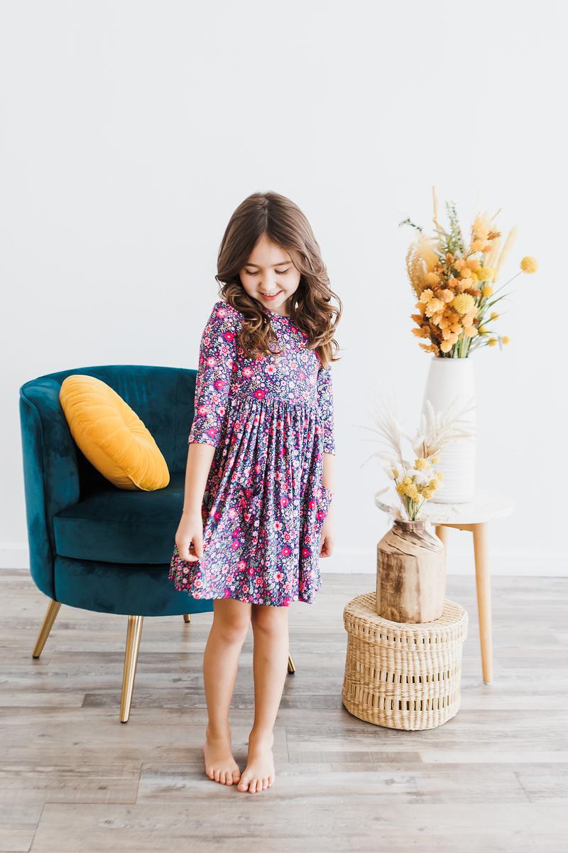 FLOWER FARM 3/4 SLEEVE POCKET TWIRL DRESS